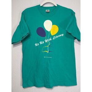 Vintage 90s Graphic Tee Shirt Up Up With Literacy Single Stitch Balloons Teal L